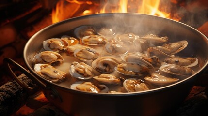 Wall Mural - A pot filled with clams sitting on top of a fire. Perfect for seafood lovers and cooking enthusiasts