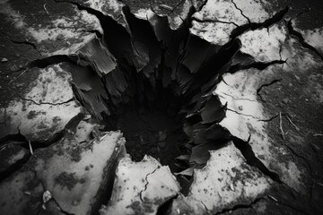 A black and white photo showcasing a crack in the ground. Suitable for illustrating geological formations or representing concepts such as division and vulnerability