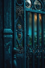 Wall Mural - A close-up view of a metal gate with a clock mounted on it. This image can be used to depict the concept of time, punctuality, or security