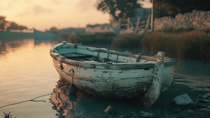 Wall Mural - An old boat sitting in the water. Suitable for nautical themes and maritime concepts