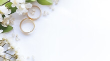 Top View White Flowers And Two Golden Wedding Rings On White Background.

