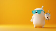 B-shaped Marshmallow Man Walking With Attitude Wearing Blue Sunglasses, Holding A Bubble Tea Ball, Cute, Fat, Body Angle And Glance Slightly Right, Flat Design, Yellow Background
