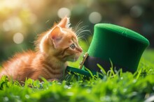 A Small Ginger Cat Plays On The Grass With A Green Hat. Symbol Of Saint Patrick's Day.