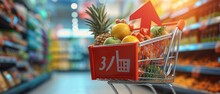 Food Cost Rising Concept. Shopping Cart Full Of Groceries And Red Arrow Pointing Up 3D Rendering, 3D Illustration