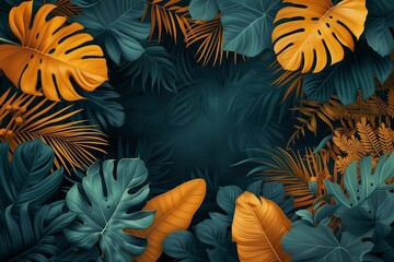 Naklejka na meble Dark Tropical Leaf Pattern with Blue and Orange Hues