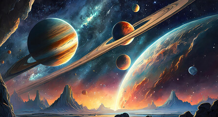 Wall Mural - Bright Space, planets and asteroid in night sky solar system, universe and galaxy with jupiter
