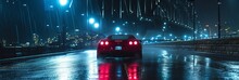 Cinematic Photography Of A Sport Car Driving At Night, In The Rain, Across The Sydney Harbour Bridge 