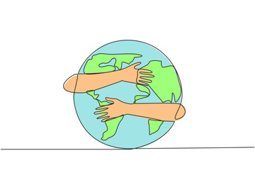 Wall Mural - single continuous line drawing of hands hugging globe. keeping the earth green so that it remains su