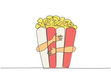 Wall Mural - Continuous one line drawing of hand hugging popcorn. Movie time, popcorn time. The best way to enjoy a movie is while eating popcorn. A snack that has several flavors. Single line draw design vector