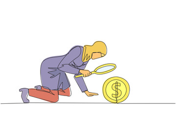 Wall Mural - Single continuous line drawing Arabian businesswoman holding magnifying glass look at a coin dollar symbol. Collecting every coin from profits is valuable. Benefit. One line design vector illustration