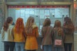 Girls stand near the bulletin board or poster