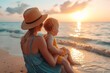 A peaceful mother and child embrace the warmth of the setting sun on a picturesque beach, their stylish sun hats and beach attire perfectly complementing the serene ocean backdrop
