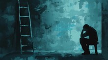 An Emotional Illustration Depicting A Lonely Man In A Room With A Ladder, Symbolizing The Concept Of Depression And The Journey Towards Overcoming Emotional Struggles