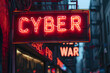 Digitale Schlacht: Das verfallene 'CYBER WAR'-Schild im urbanen Verfall