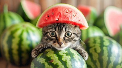 Wall Mural - Cat with Watermelon Helmet Funny Cute Pet Photography