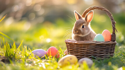 Wall Mural - Bunny with Easter Eggs in Basket on Sunny Meadow