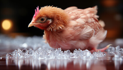 Poster - Cute yellow baby chicken looking at camera on farm generated by AI