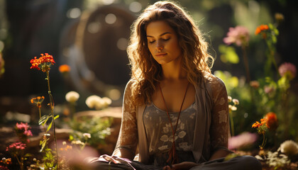 Canvas Print - Young woman sitting in meadow, enjoying nature beauty and freshness generated by AI