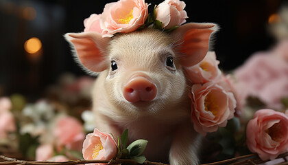 Poster - Cute piglet looking outdoors, surrounded by pink flowers and nature generated by AI