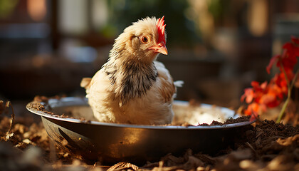 Poster - Fluffy baby chicken sitting in a chicken coop, surrounded by nature generated by AI