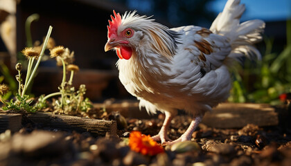 Wall Mural - Young chicken standing in green meadow, surrounded by nature generated by AI