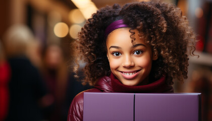 Poster - African woman holding gift, smiling, celebrating Christmas indoors generated by AI