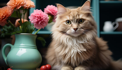 Poster - Cute kitten sitting, looking at camera, surrounded by flowers generated by AI