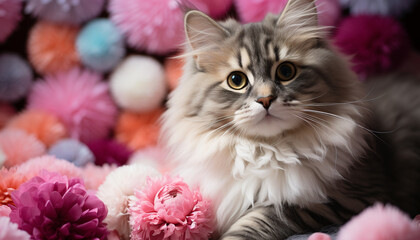 Poster - Cute kitten sitting, looking at camera, surrounded by flowers generated by AI