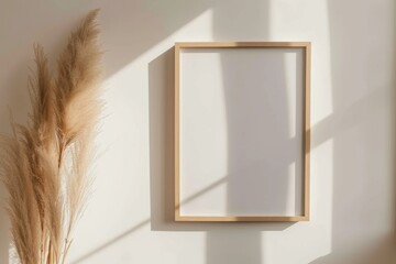 Photo frame mockup in a living room with soft light casting shadows on a white wall, adorned with wooden decor and dry grass