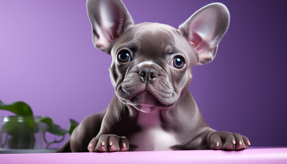 Poster - Cute French Bulldog puppy sitting, looking at camera, wrinkled and playful generated by AI