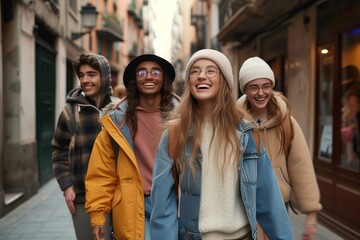 A diverse group of stylish individuals, clad in trendy jackets, jeans, and scarves, walk confidently down a bustling city street, their beaming smiles and fashion accessories adding a vibrant energy 