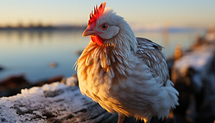 Canvas Print - A cute rooster stands in the winter, looking at the camera generated by AI