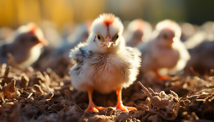 Poster - Cute baby chicken standing in the grass, new life hatching generated by AI