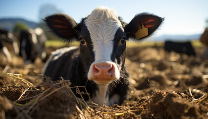 Sticker - Cute cow grazing on green meadow, looking at camera generated by AI