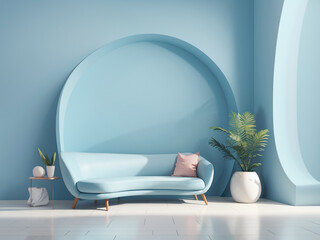 Poster - Elegance in Curves: Minimalistic Pastel Blue Curved Wall Amidst a Splash of Colors