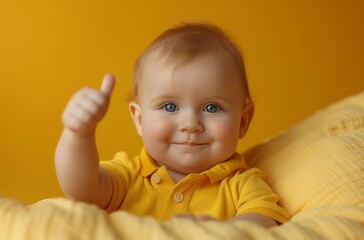 a 2 years old child with a thumbs up sign on a yellow background