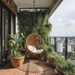 Terrace created as place of retreat, adorned with lush foliage flowing gracefully from terra cotta planters. A floating chair gently swings in the wind, a tranquil retreat within the urban panorama.