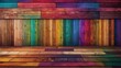Grungy colorful wood strips. Wooden wall or floor of color full wood planks. Colorful spectrum of wood background. Hand edited generative AI.
