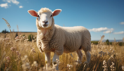 Canvas Print - Fluffy lamb grazes in green meadow under the spring sun generated by AI