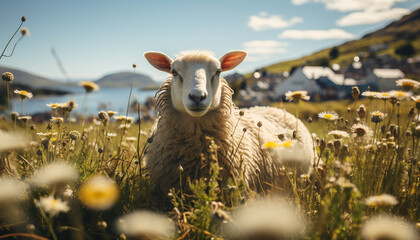 Canvas Print - Cute lamb grazing in green meadow on sunny summer day generated by AI