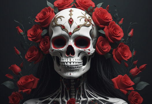 Fantasy woman skull with red roses. Scary human head with flowers. Generative AI