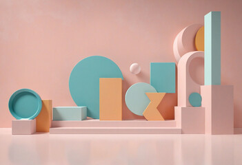 Abstract composition with geometric shapes forms. Exhibition podium, platform for product presentation on pastel color background