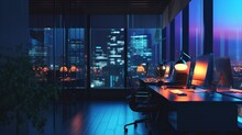Interior Of Office With Desks And Glowing Lamps At Night