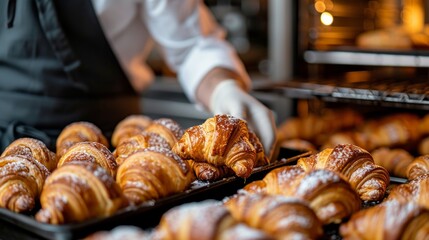 Wall Mural - A joyful moment of a pastry chef pulling a tray of freshly baked croissants from the oven