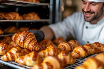 Wall Mural - A joyful moment of a pastry chef pulling a tray of freshly baked croissants from the oven