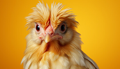 Canvas Print - Cute yellow baby chicken looking at camera on farm generated by AI