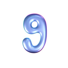 Wall Mural - 3d holographic liquid number 9 in y2k style isolated on a white background. Render of 3d neon inflated iridescent numbers with rainbow effect. 3d vector y2k hologram.