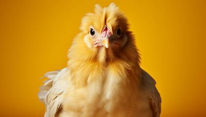 Poster - Cute baby chicken with yellow feathers standing in grass generated by AI