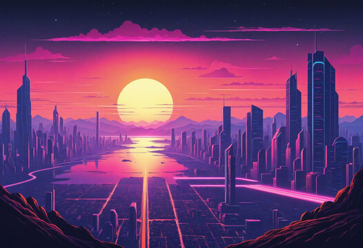 Retro futuristic landscape with city and sunset. 80s synthwave style. Neon night city. Generative AI