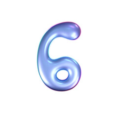 Wall Mural - 3d holographic liquid number 6 in y2k style isolated on a white background. Render of 3d neon inflated iridescent numbers with rainbow effect. 3d vector y2k hologram.